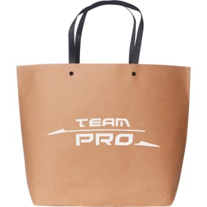 A medium brown paper bag with black handles and a logo on the front.