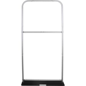 A silver dispenser stand with a black base, featuring a simple, sturdy design. It includes a logo on the side.