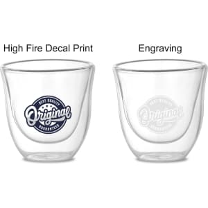A drink container featuring a clear double wall design with a logo and two styles of print: decal and engraving.