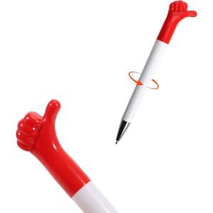 A red and white pen with a thumbs up design at the top and a shiny silver tip. It features a logo.