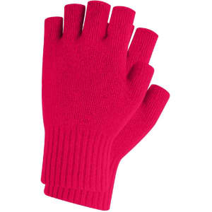 A pair of bright pink knitted fingerless gloves. They feature a ribbed cuff and a woven label.