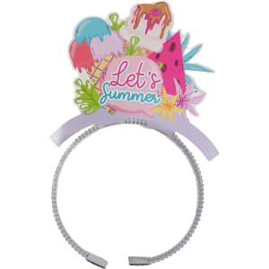 A headband featuring a colourful summer-themed topper with ice cream, fruit, and floral designs. Includes a logo.