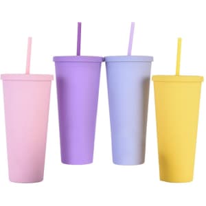 Four matte plastic cups in pink, purple, light blue, and yellow, each with a lid and straw. They feature a logo.