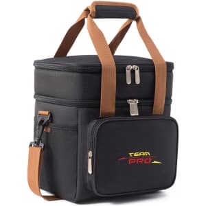 A black 10L cooler bag with brown straps and a front pocket, featuring a logo on the side.