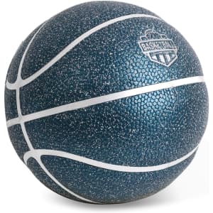 A mini basketball in dark blue with a textured surface and white lines, featuring a logo.