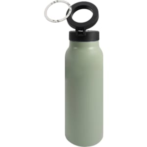 A drink bottle in matte green stainless steel with a black magnetic phone holder on the lid. It features a logo.