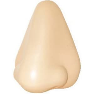 A beige stress reliever shaped like a nose, featuring a smooth texture and rounded contours.