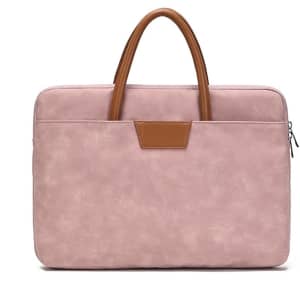 A pink suede PU leather laptop bag with brown handles and a sleek design. It features a logo on the exterior.