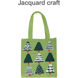 A green knitted tote bag featuring various patterned trees in shades of green and white, with a red accent.