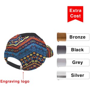 A vibrant full sublimation 5 panel cap featuring a colourful pattern and a logo on the side, available in multiple colours.