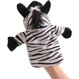 A zebra hand puppet featuring black and white stripes, with soft plush material and a playful design.