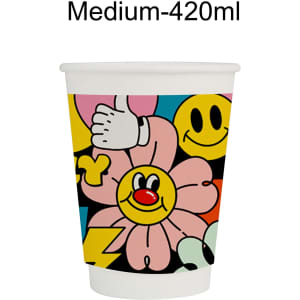 A disposable double wall paper cup featuring a colourful design with flowers and smiley faces, predominantly in pink and yellow.