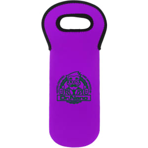 A drink bottle cooler in vibrant purple with a handle and a black logo on the front.