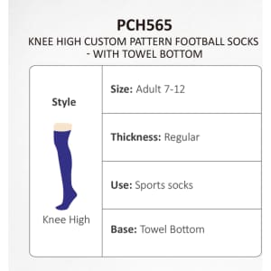 Knee high football socks in navy blue, featuring a towel bottom, suitable for adult sizes 7-12.