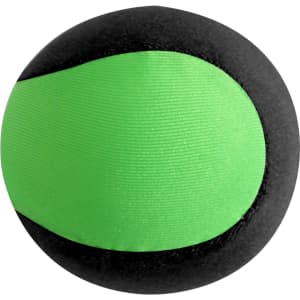 A green and black bouncing ball, designed for fun and games, features a smooth outer texture and a rounded shape.
