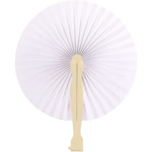 A round plastic paper fan in white with a cream handle, featuring a pleated design.
