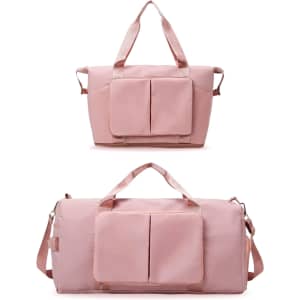 A foldable sports duffle bag in pink featuring double handles, a detachable shoulder strap, and front pockets.