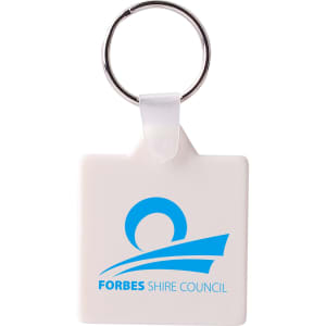 A square hard plastic keyring in white featuring a blue logo. It has a silver metal keyring attachment.