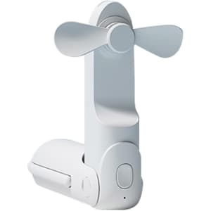 A USB handheld mini fan in white, featuring a compact design and a built-in flashlight. It has a logo on the base.