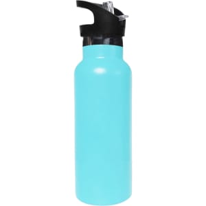 A drink bottle featuring a turquoise finish, double wall vacuum insulation, and a flip valve lid. It has a branding logo.