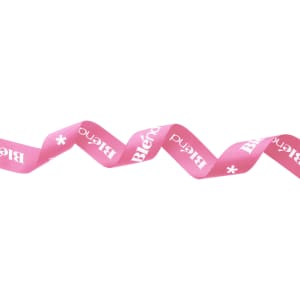 A pink ribbed fabric ribbon with a logo, featuring a wavy design.