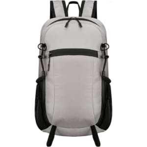 A light grey packable hiking backpack with black accents and mesh side pockets. It features adjustable straps and a zippered front pocket.