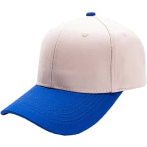 A 6 panel adjustable baseball cap in beige with a blue brim, featuring a logo on the front.