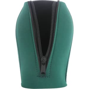 A drink bottle cooler in green with a zipper design for insulation. The cooler features a black interior and stitching.