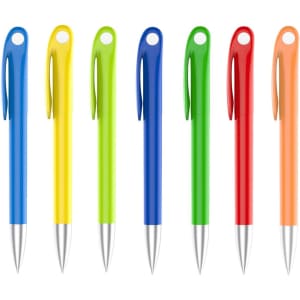 A collection of plastic pens in blue, yellow, green, red, and orange, featuring a clip and silver tips.