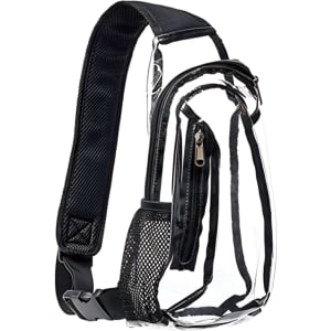 A clear bag with a black shoulder strap, featuring a zippered compartment and mesh pocket. It has a sleek, transparent design.