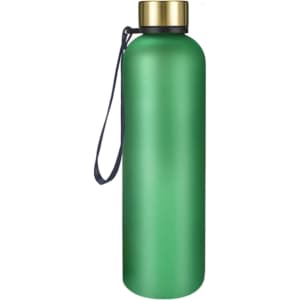 A drink bottle in a matte green finish with a gold cap and a carrying strap. It includes a logo.