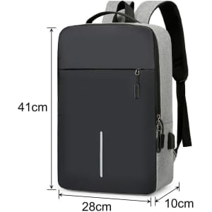A grey and black laptop backpack with multiple compartments and USB charging capability, featuring a logo.