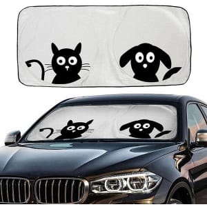 A foldable car shade featuring black silhouettes of a cat and dog on a light background, fitting over a vehicle's windshield.