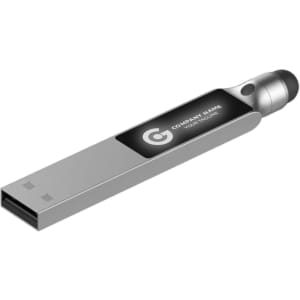 A silver backlit logo flash drive with a stylus tip. Features a sleek design and a branding area.