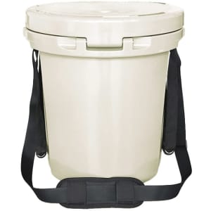 A 15L ice bucket in cream colour with a black handy rope strap. The bucket features a secure lid and a logo.