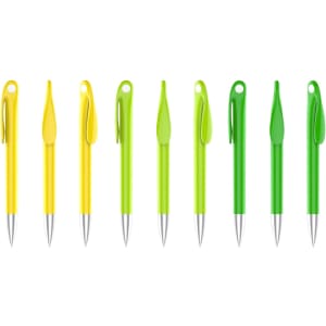 A collection of pens with colour barrels in yellow, light green, and dark green, featuring silver tips and a logo.