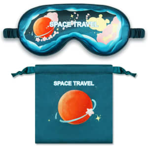 A satin sleep mask featuring a space travel design in shades of blue and orange, accompanied by a matching storage pouch.