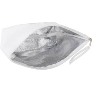 A white washable Kraft paper cosmetic bag with a silver interior and a zip closure. It has a logo.
