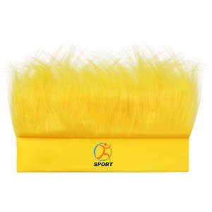 A vibrant yellow headband wig with fluffy hair, featuring a logo on the band.