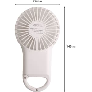 A white mini fan with a keyring attachment and LED light features a circular fan design and a handle.