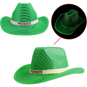 A green light-up sequin cowboy hat with mesh details and a white band, featuring a logo.