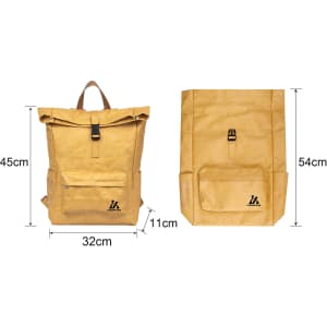A yellow Tyvek roll-top backpack with a front pocket and adjustable straps, featuring a logo.