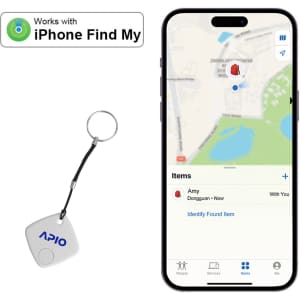 A Locator Smart Tag in white with a keyring, beside a smartphone displaying a map interface.