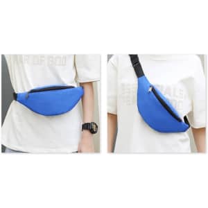 A blue bum bag with a zippered compartment, worn across the waist or over the shoulder. It has a black adjustable strap.