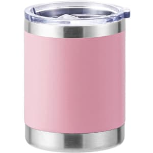 A drink bottle with a pink stainless steel exterior, double wall insulation, and a transparent lid. There is a logo present.