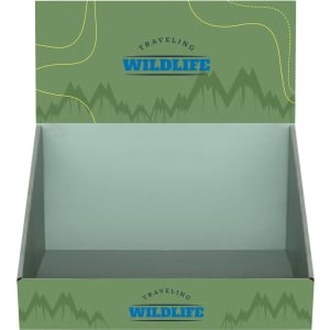 A green corrugated cardboard counter display with a mountain and travel theme. It has a branded logo on the front.