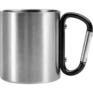 A stainless steel insulated travel mug in silver with a black carabiner handle. Features branding on the surface.