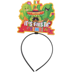 A black headband with a vibrant, festive topper featuring cacti in sombreros and the phrase "It's Fiesta Time!"