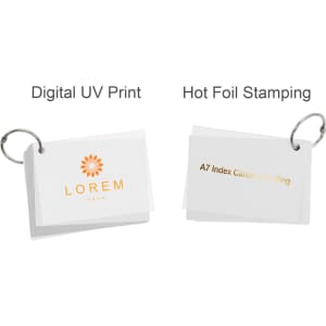 A7 PP cover index cards with a ring, featuring a white background and gold foil stamping.