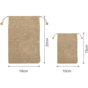 Linen drawstring gift bags in a natural beige colour, featuring two sizes: 18cm x 20cm and 10cm x 15cm.